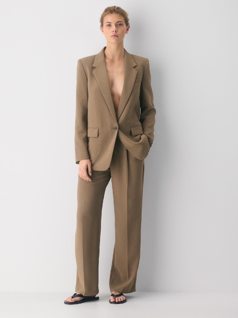Aritzia Trousers Effortless Pants Crepette High-Rise Wide-Leg in Taupe